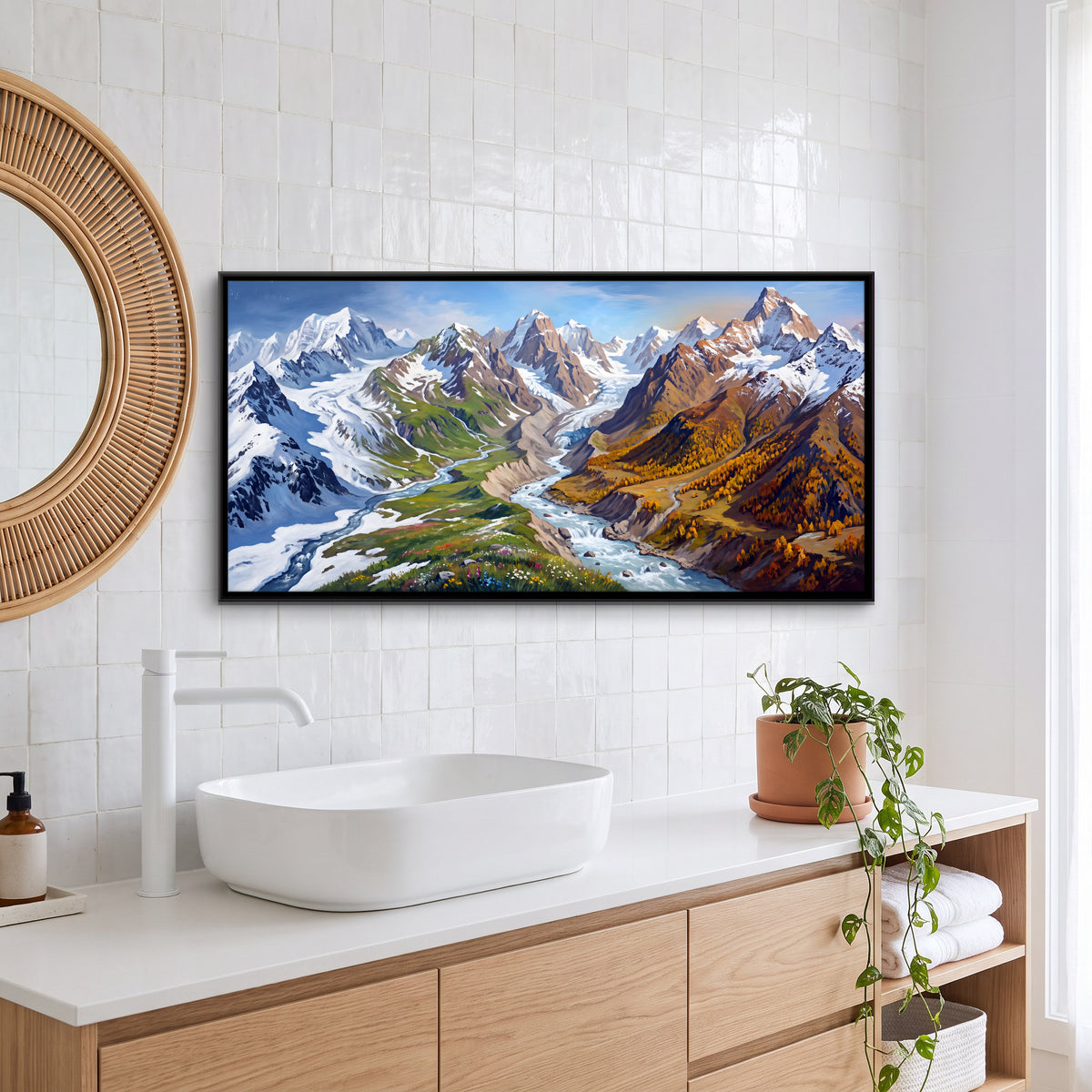 Glacier and Autumn Forest - canvas art shown in a styled room