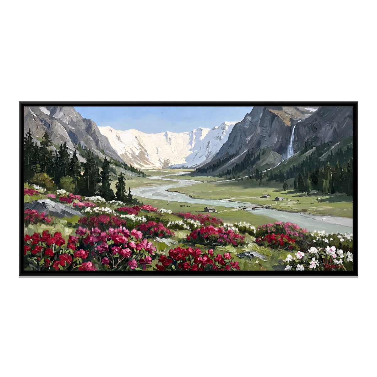 Rhododendrons in a Mountain Valley - framed canvas print, front view