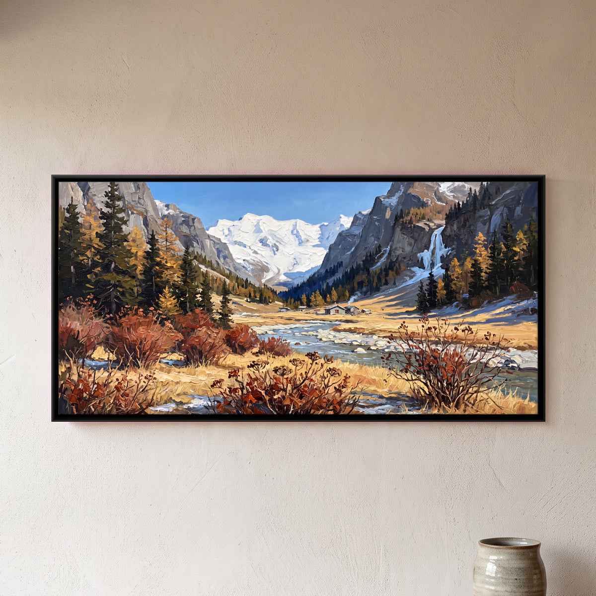 Autumn Stream in a Mountain Valley - framed canvas art hung on a wall