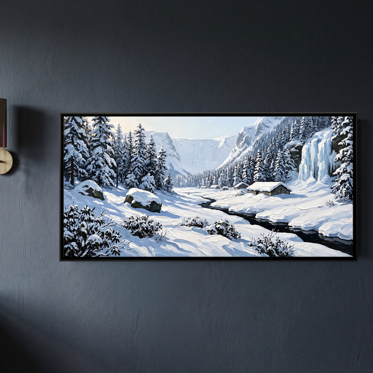 Frozen Waterfall in a Snowy Valley - framed canvas art hung on a wall