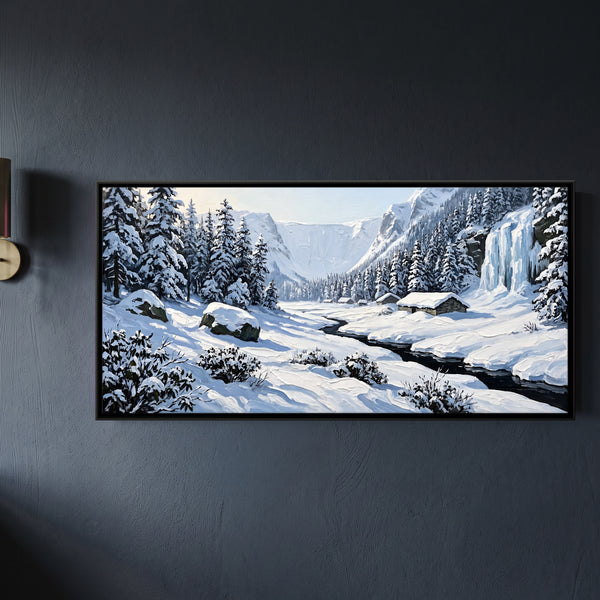Snowy Mountain Valley with Frozen Waterfall