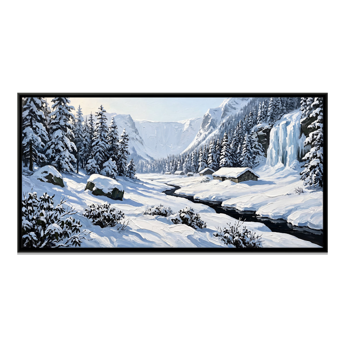 Frozen Waterfall in a Snowy Valley - framed canvas print, front view