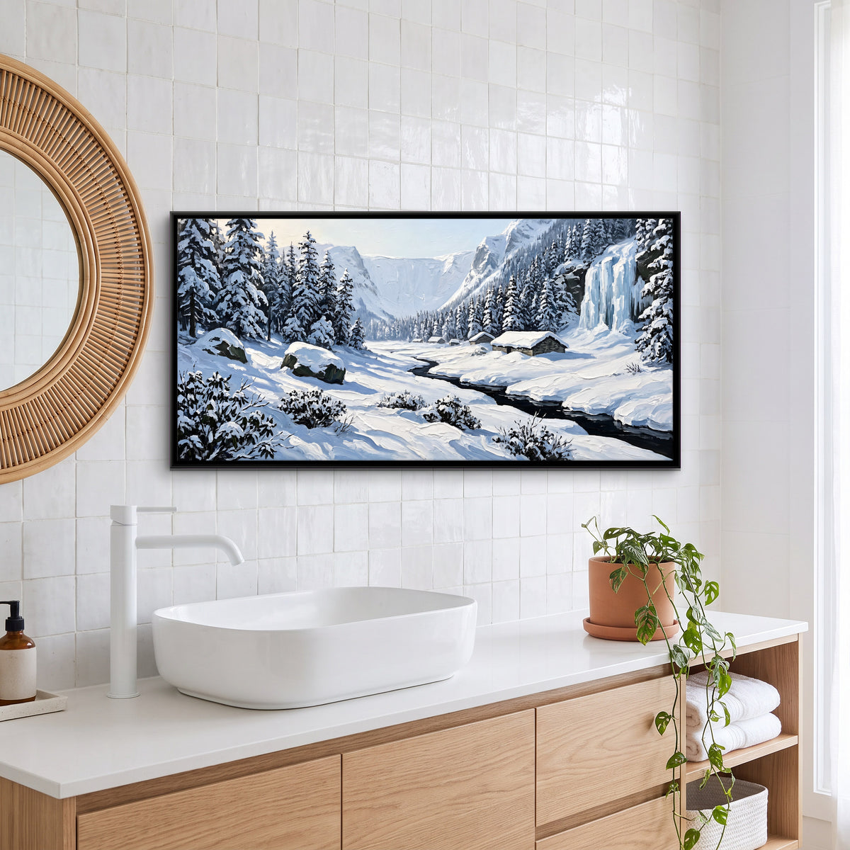 Frozen Waterfall in a Snowy Valley - canvas art shown in a styled room