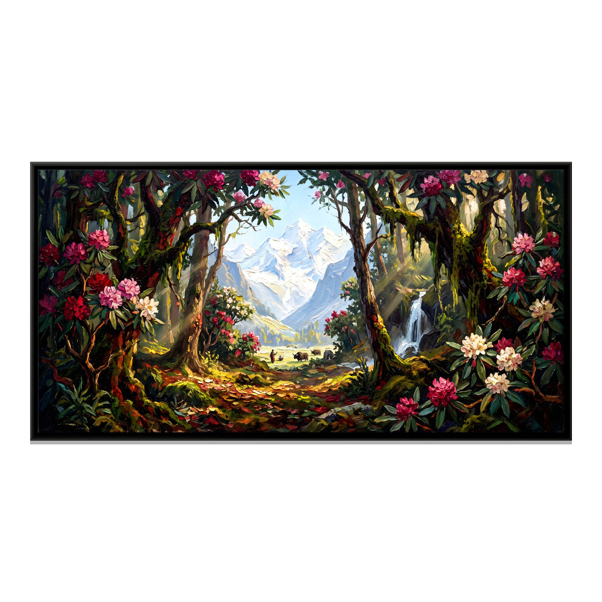 Rhododendron Forest Below Snow Peaks - framed canvas print, front view