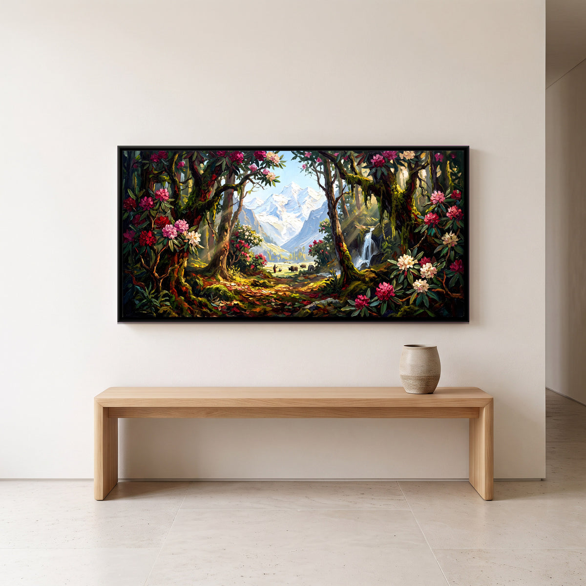 Rhododendron Forest Below Snow Peaks - canvas art shown in a styled room