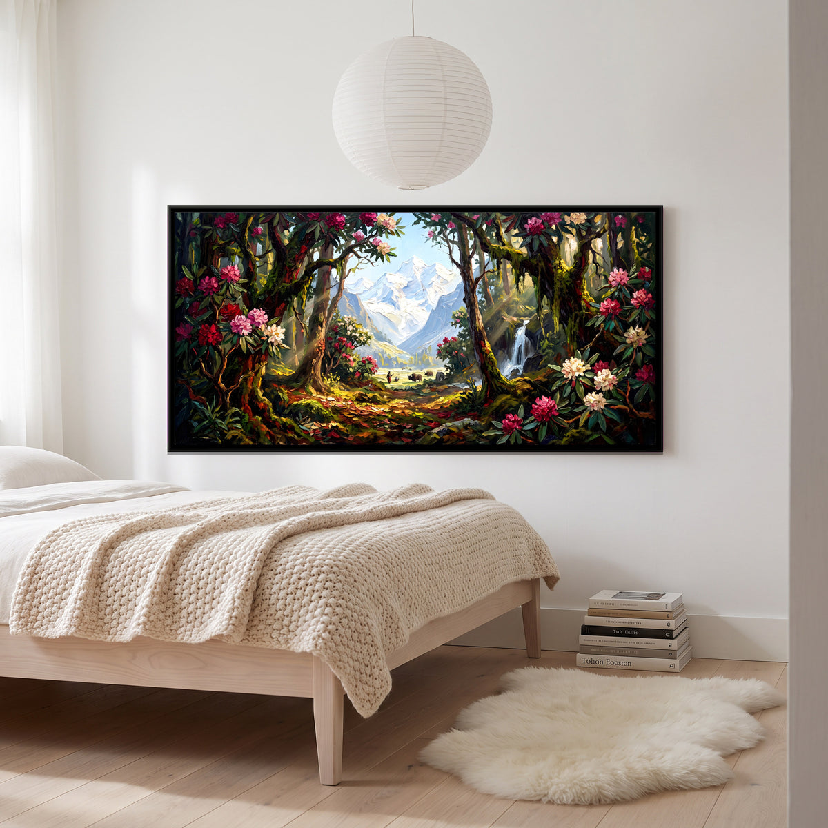 Rhododendron Forest Below Snow Peaks - canvas art shown in a second room setting