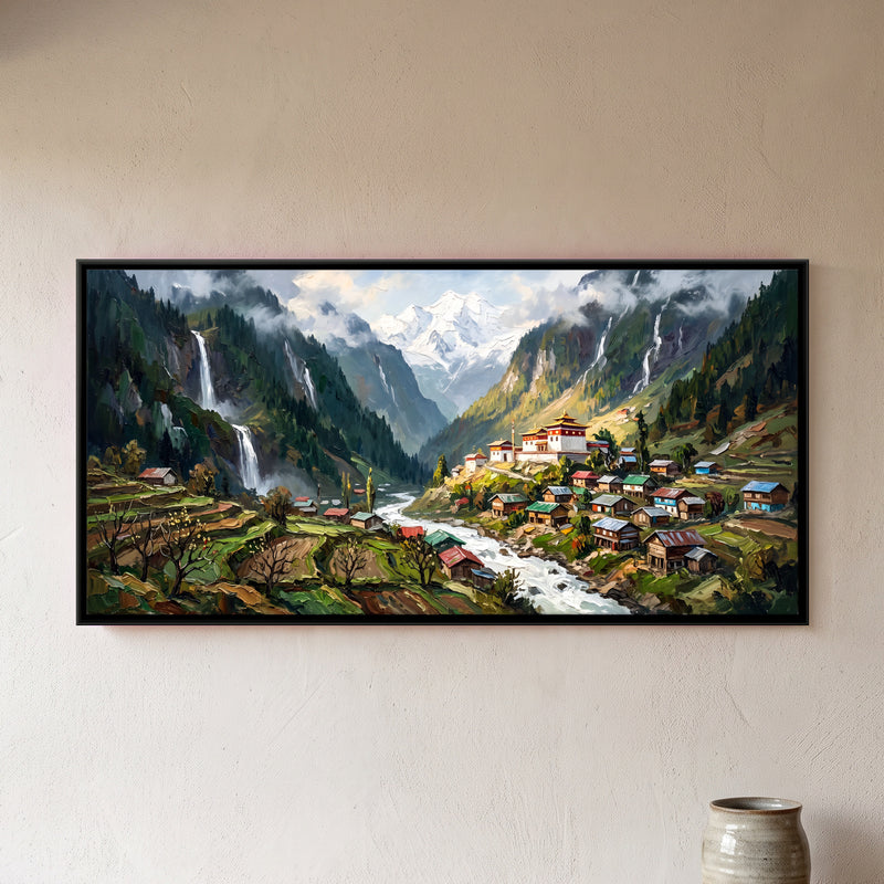 Hill Village Below Waterfalls - framed canvas art hung on a wall