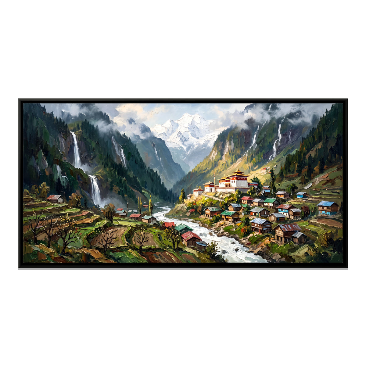 Hill Village Below Waterfalls - framed canvas print, front view