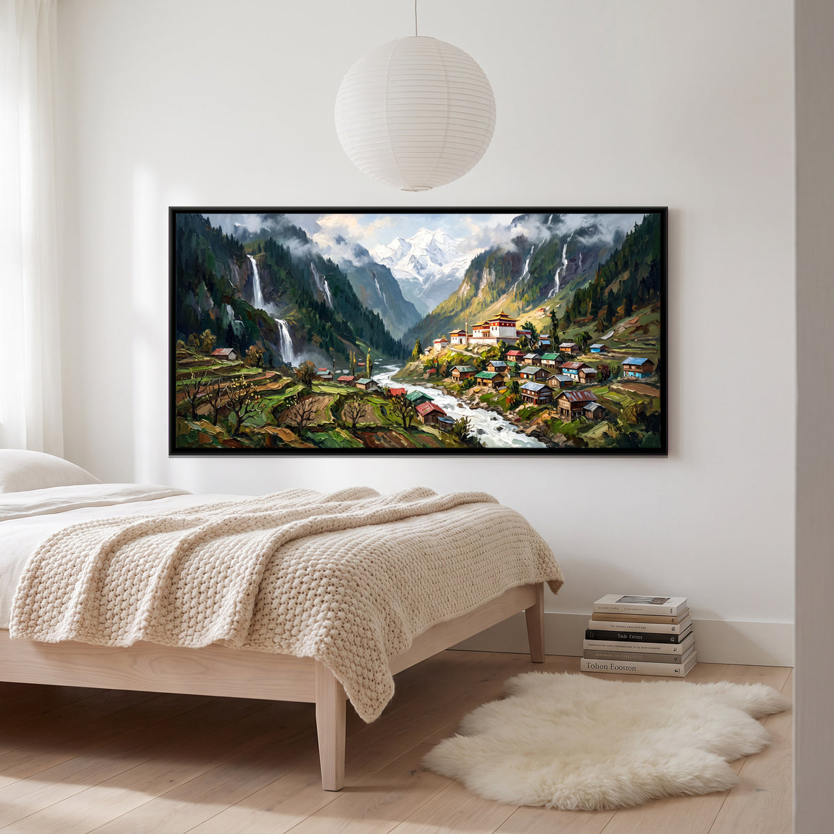 Hill Village Below Waterfalls - canvas art shown in a second room setting