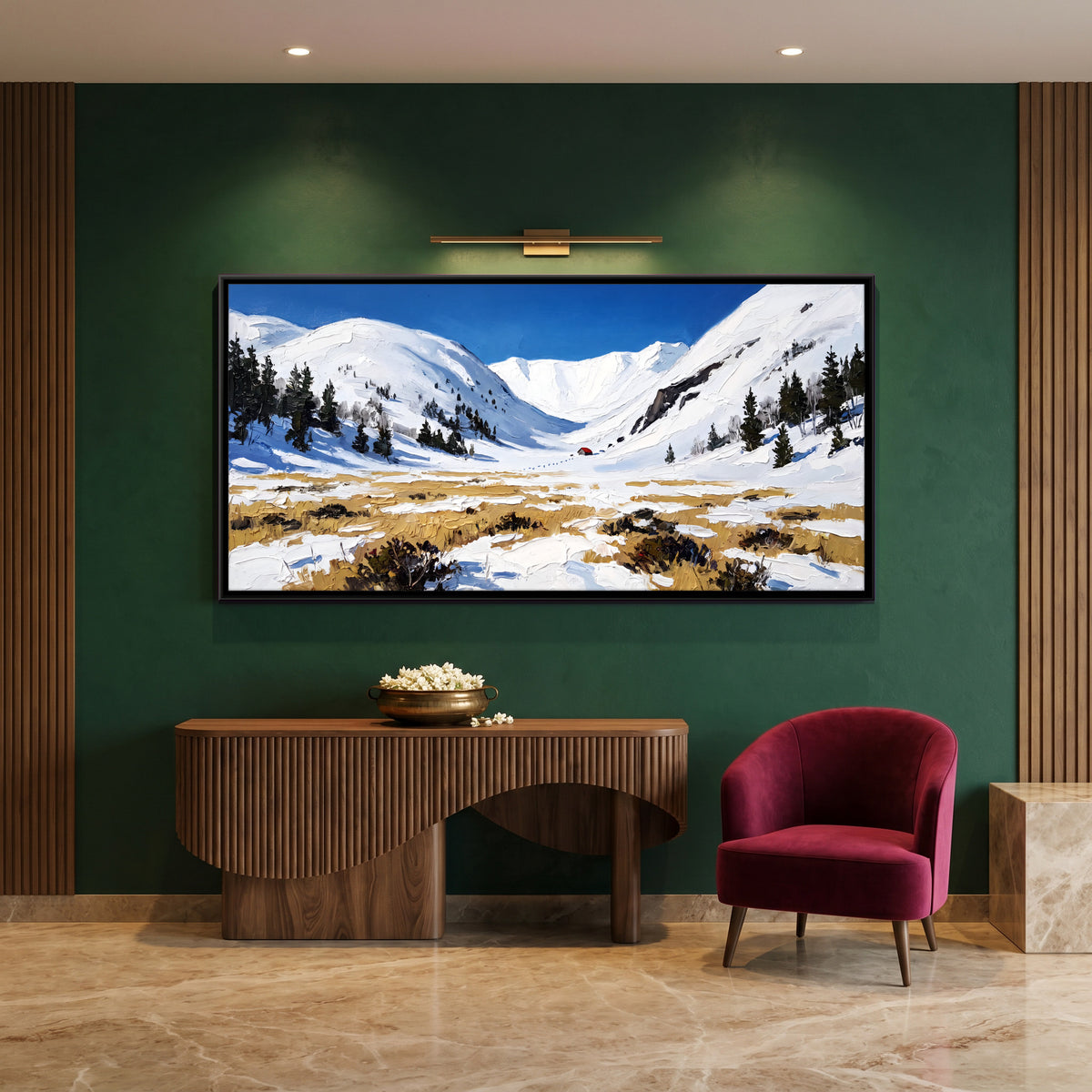 Thawing Snow in a High Meadow - canvas art shown in a styled room
