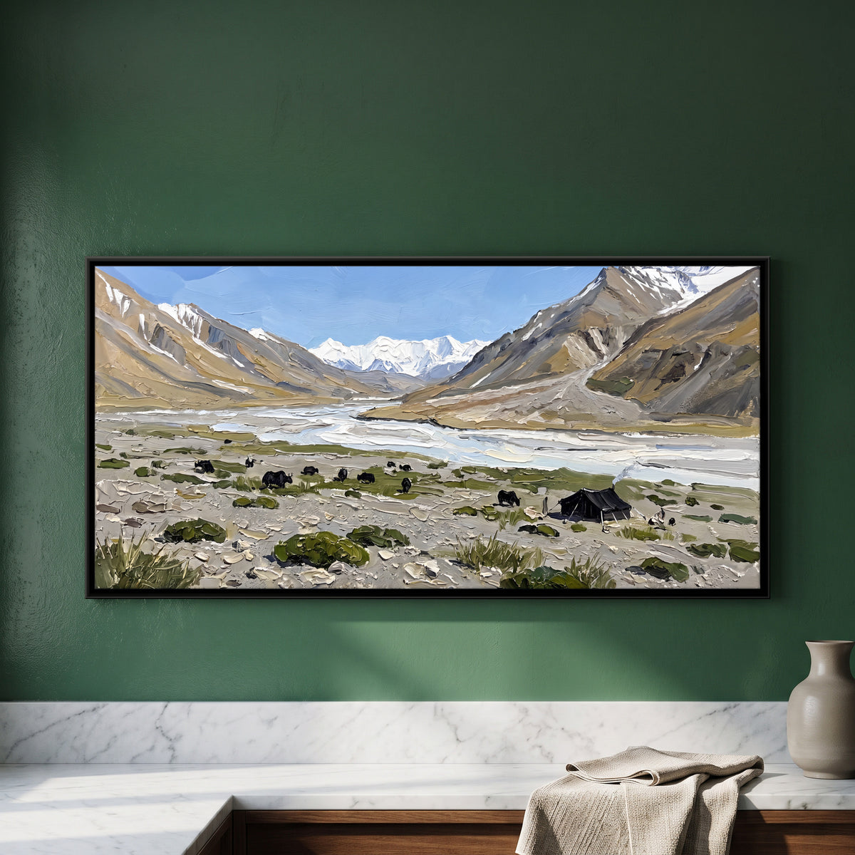 Nomad Camp with Grazing Yaks - framed canvas art hung on a wall