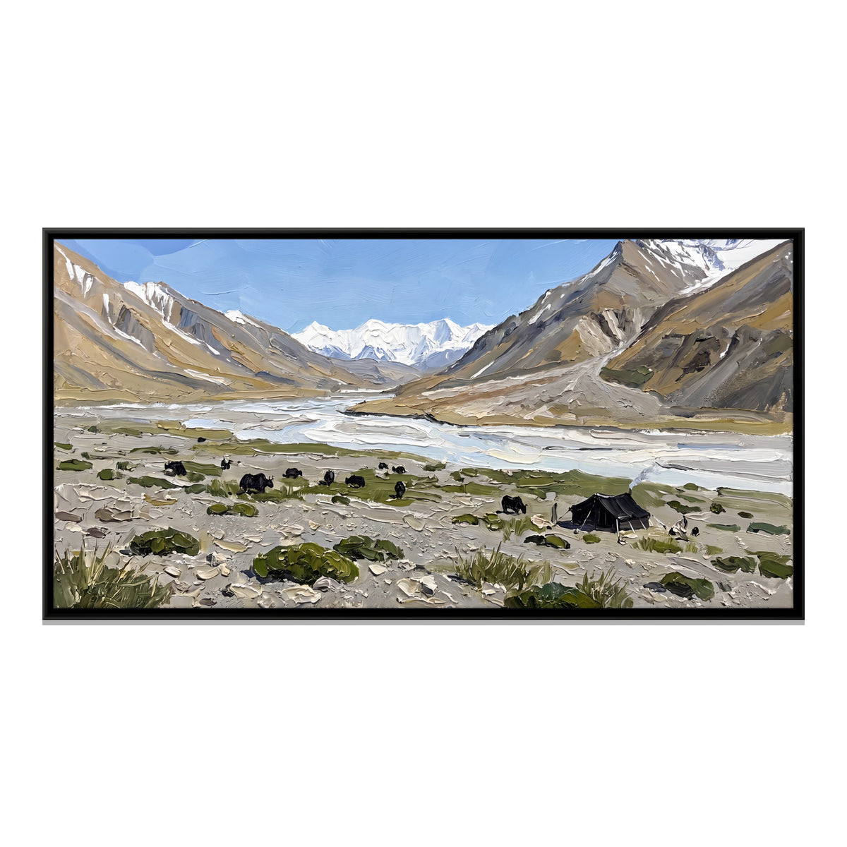 Nomad Camp with Grazing Yaks - framed canvas print, front view