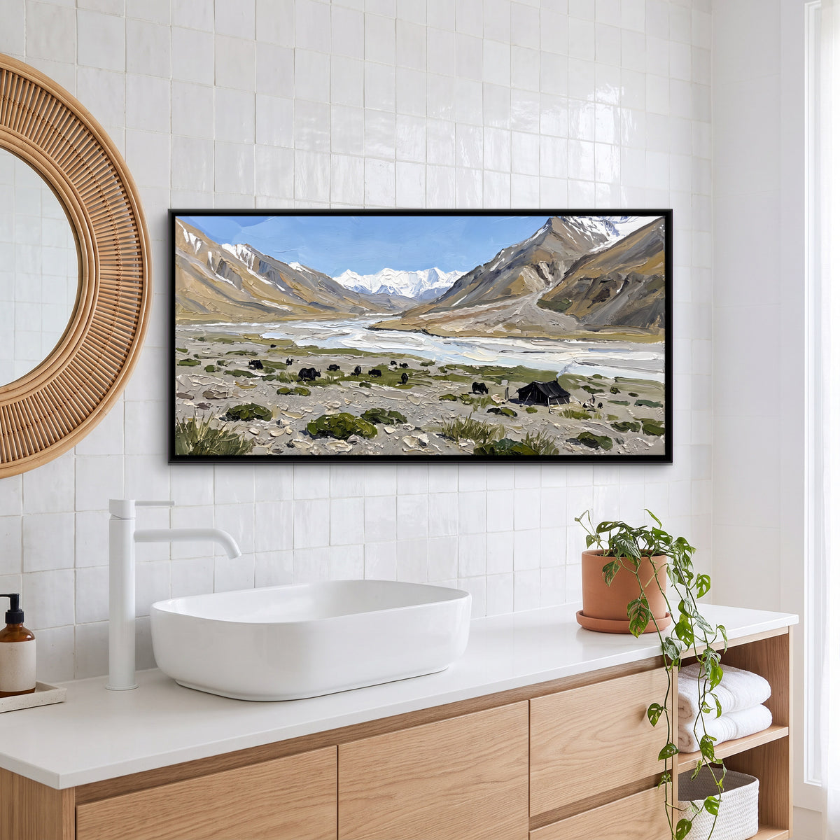 Nomad Camp with Grazing Yaks - canvas art shown in a styled room