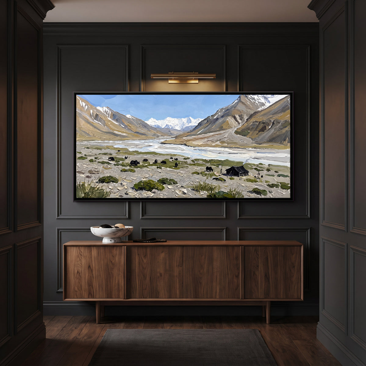 Nomad Camp with Grazing Yaks - canvas art shown in a second room setting