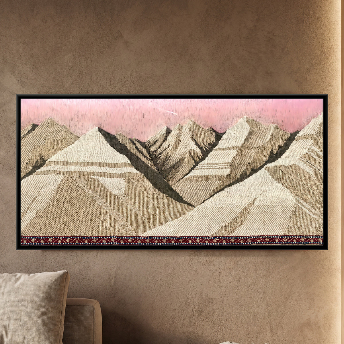 Faceted Mountains Under a Pink Sky - framed canvas art hung on a wall