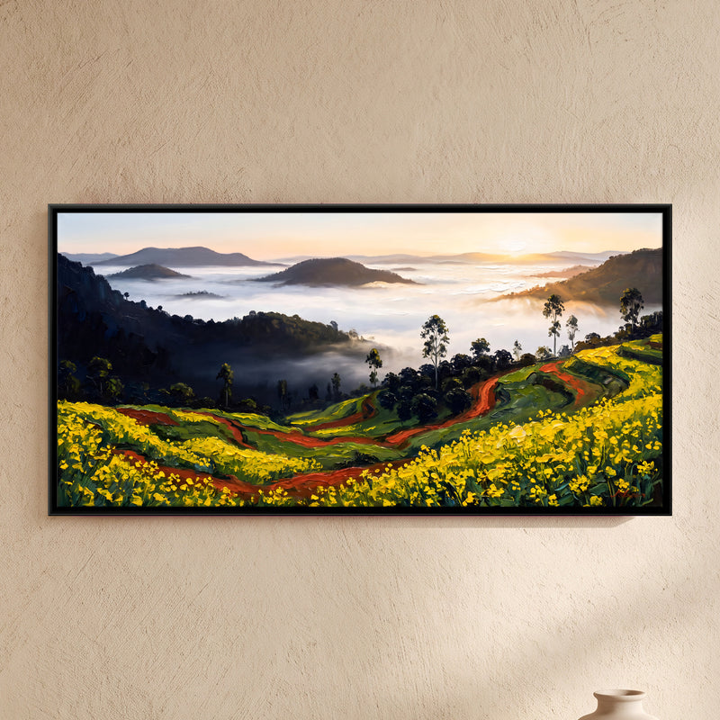 Mustard Fields Above a Misty Valley - framed canvas art hung on a wall
