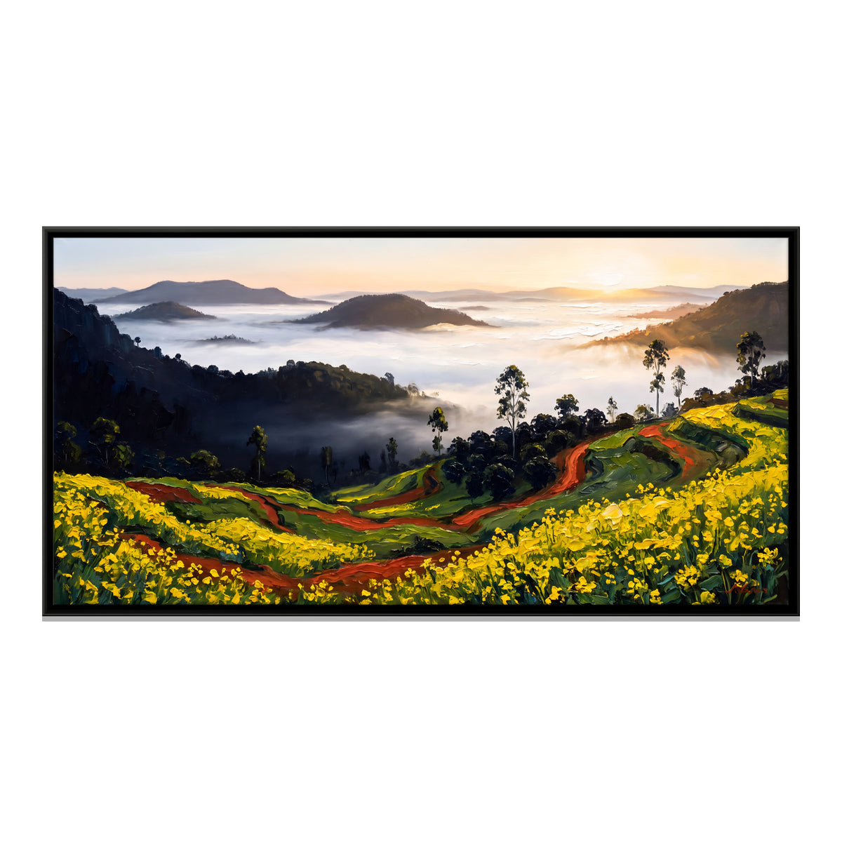 Mustard Fields Above a Misty Valley - framed canvas print, front view
