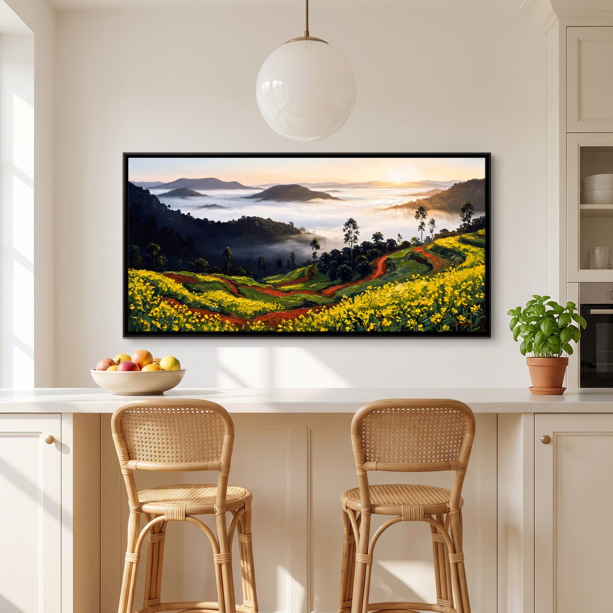 Mustard Fields Above a Misty Valley - canvas art shown in a styled room