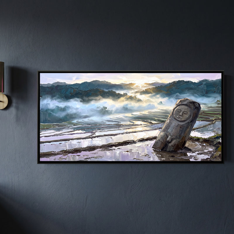 Ancient Stone Figure in the Rice Fields - framed canvas art hung on a wall