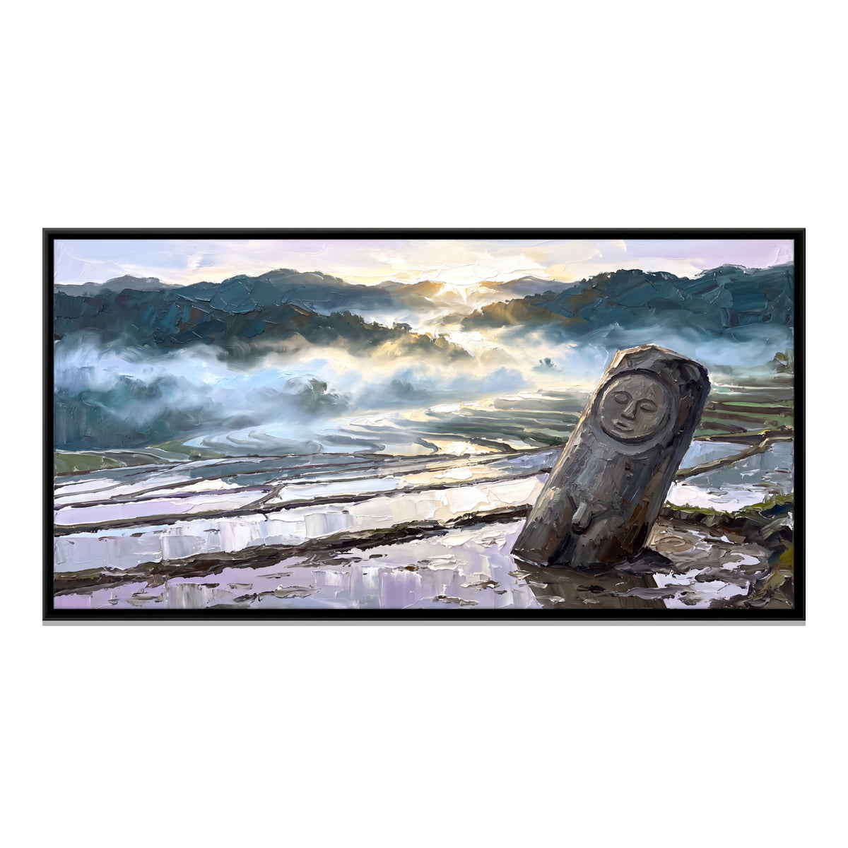 Ancient Stone Figure in the Rice Fields - framed canvas print, front view