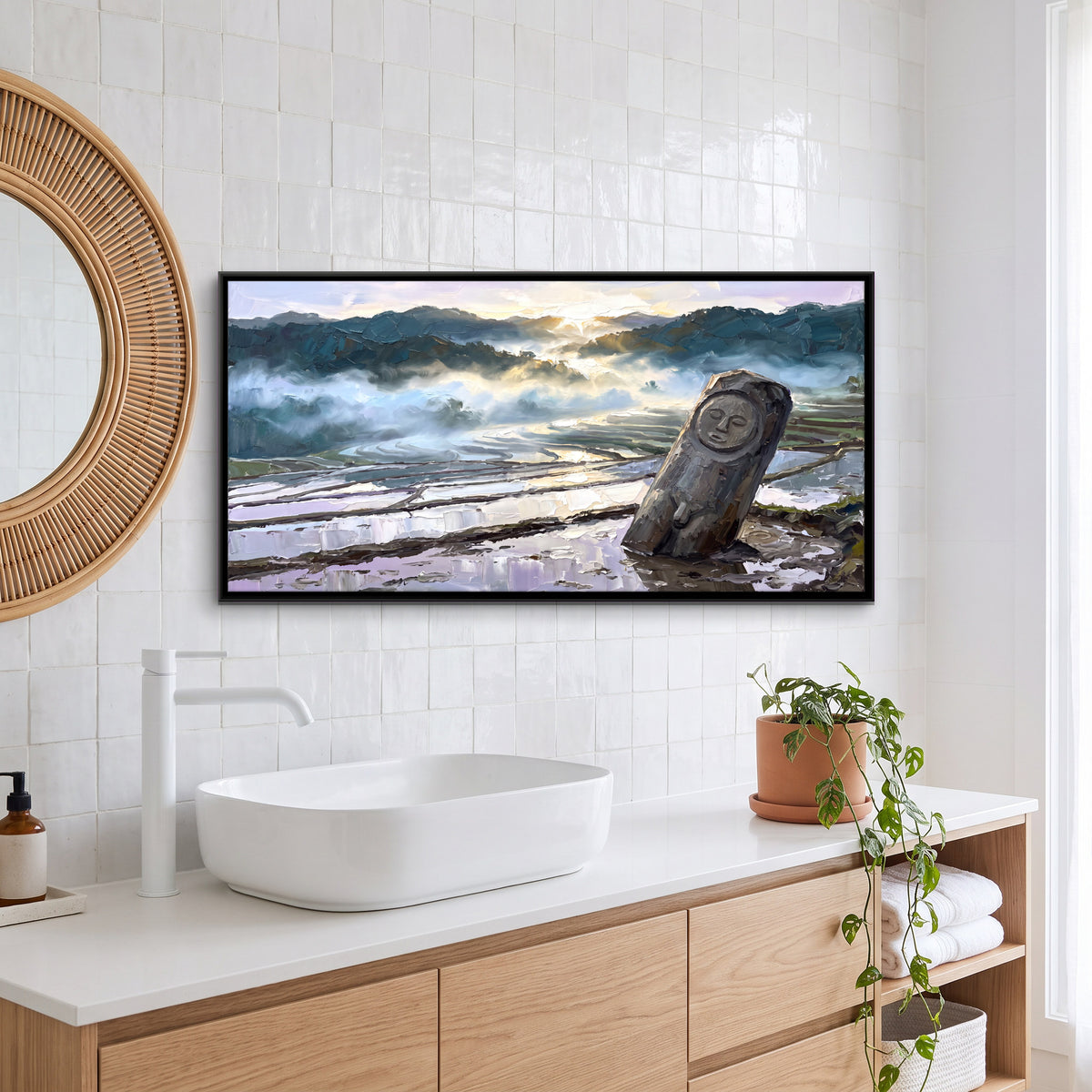 Ancient Stone Figure in the Rice Fields - canvas art shown in a styled room