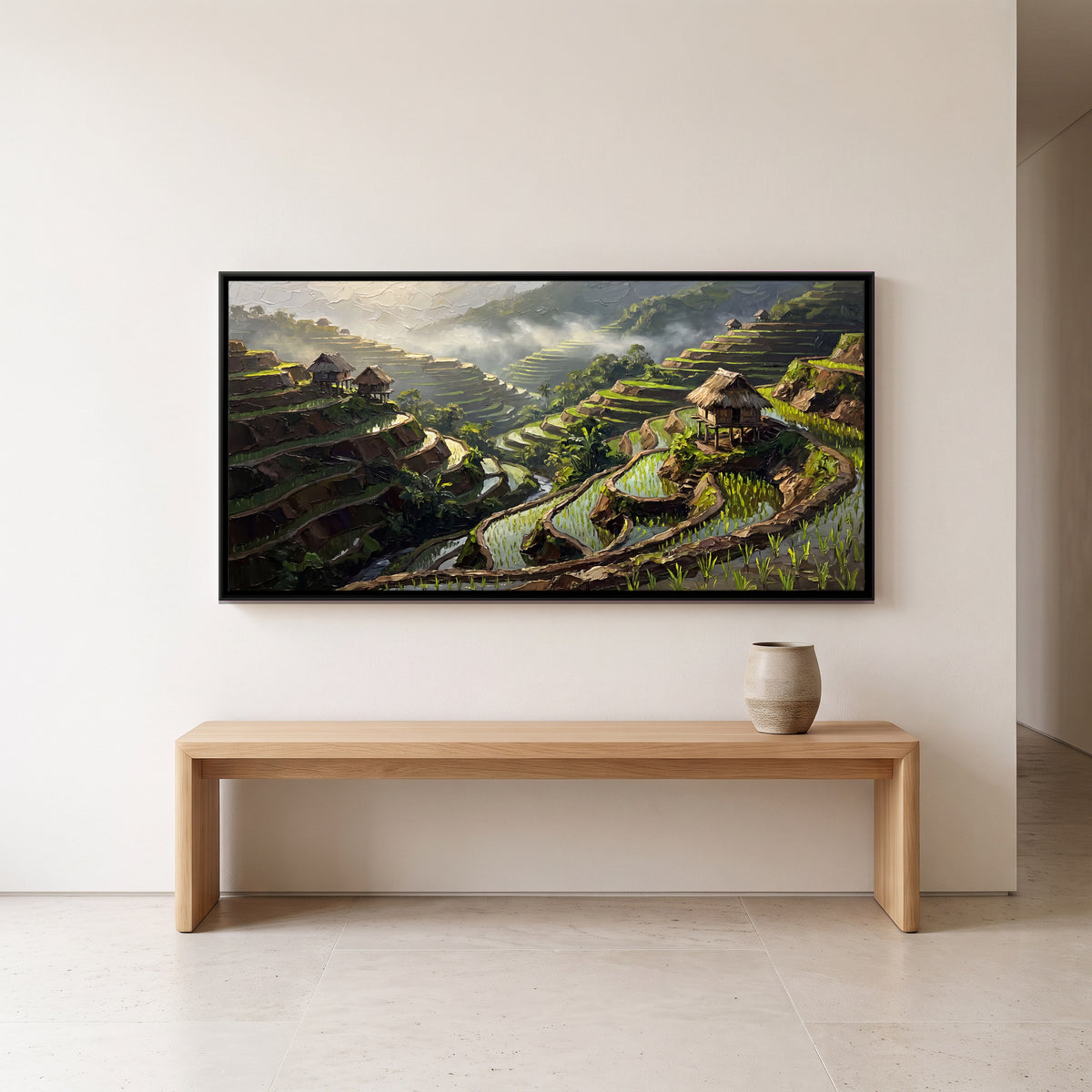Rice Terraces with Thatched Huts - canvas art shown in a styled room