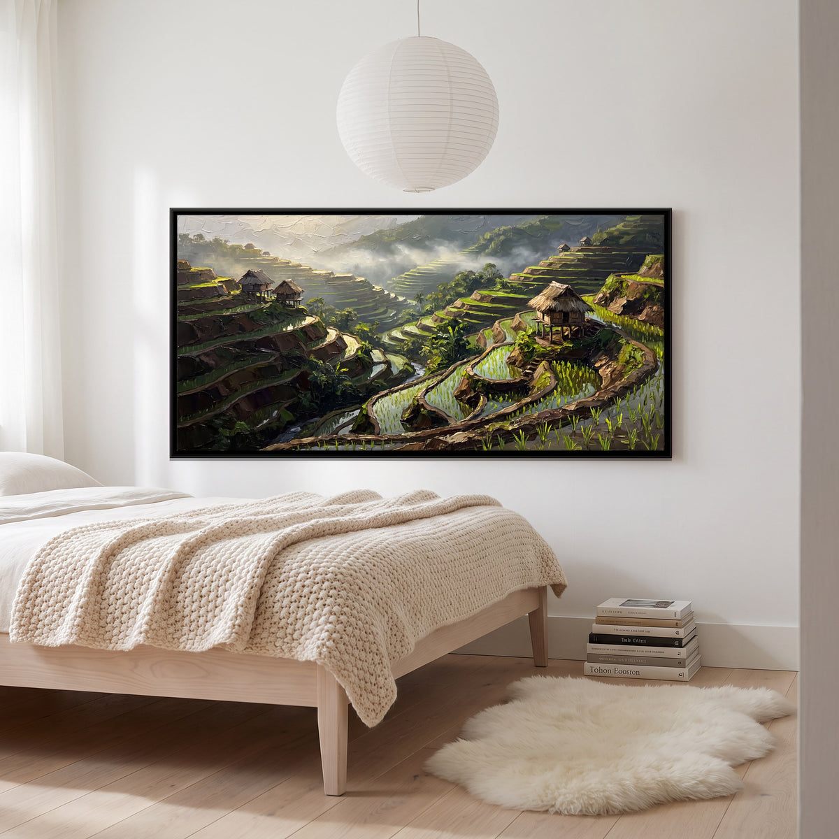 Rice Terraces with Thatched Huts - canvas art shown in a second room setting