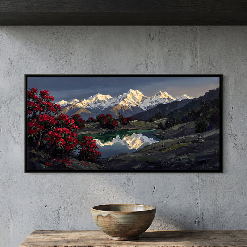 Rhododendrons by a Mountain Lake - framed canvas art hung on a wall