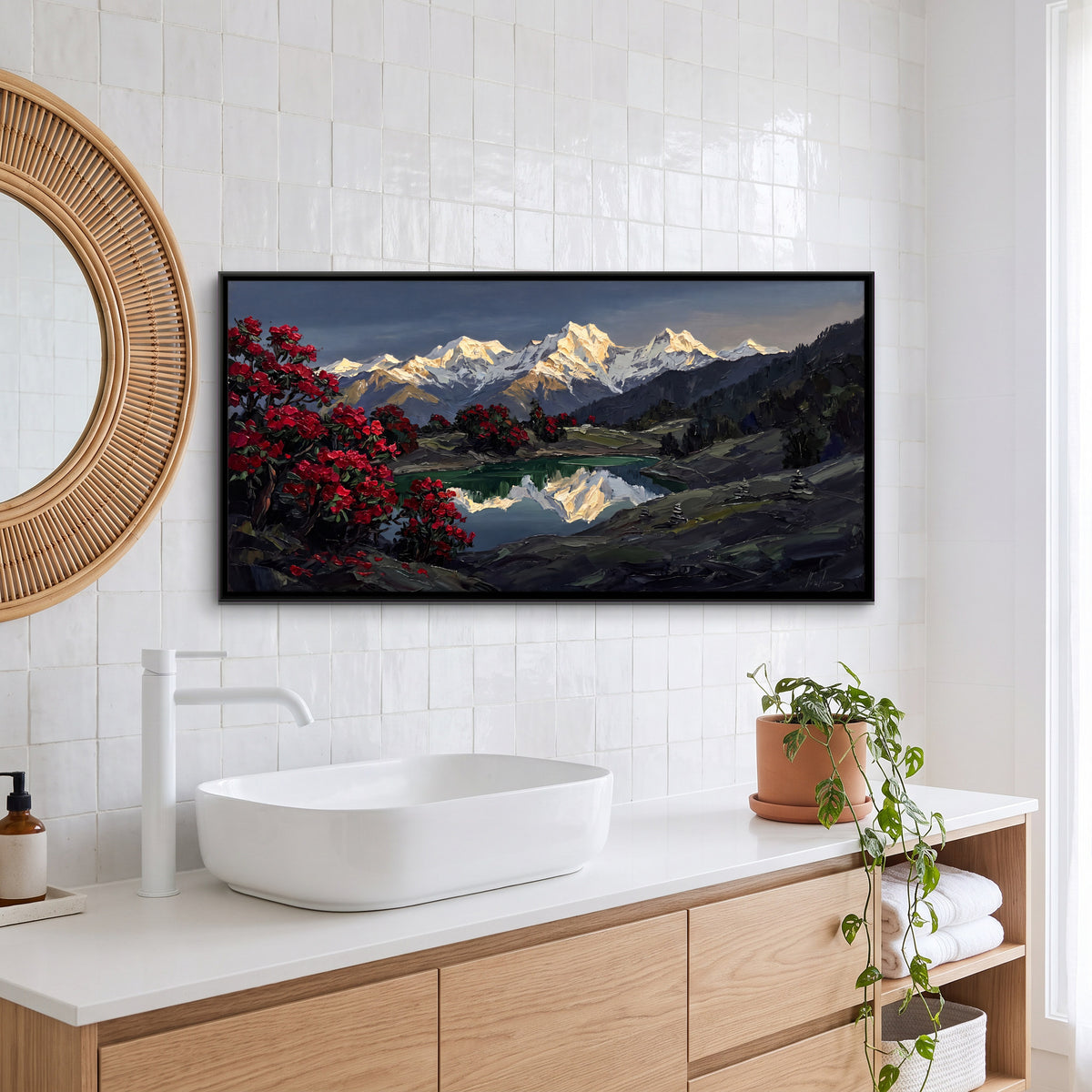Rhododendrons by a Mountain Lake - canvas art shown in a styled room