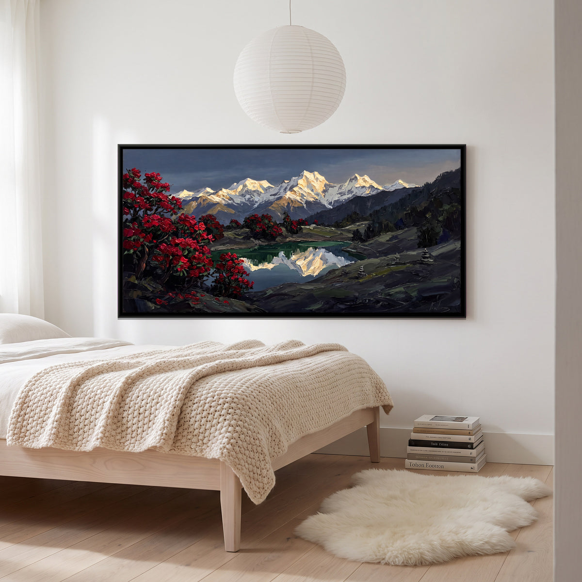 Rhododendrons by a Mountain Lake - canvas art shown in a second room setting