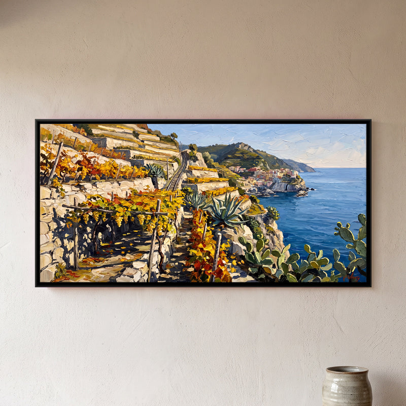 Vineyard Terraces Above the Sea - framed canvas art hung on a wall