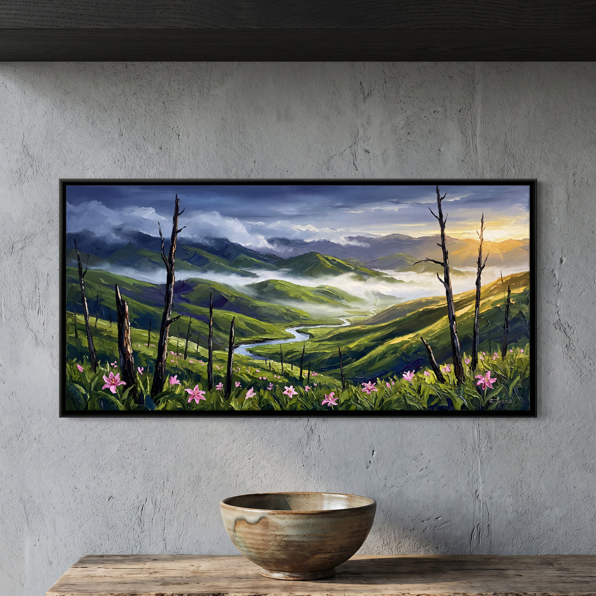 Pink Lilies Above a River Valley - framed canvas art hung on a wall