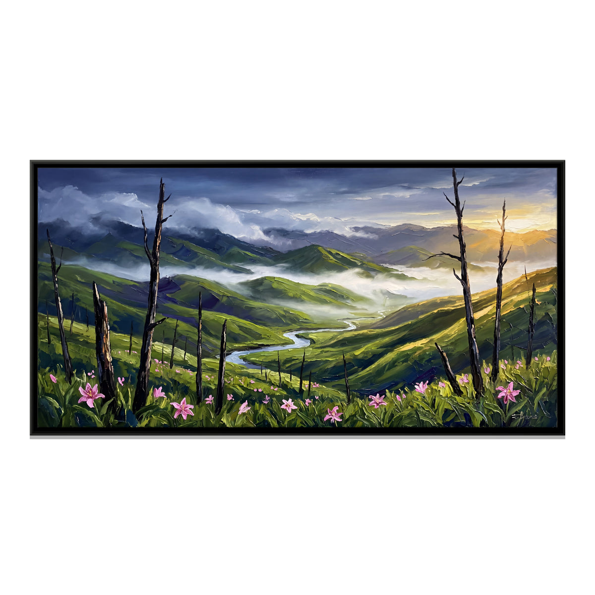 Pink Lilies Above a River Valley - framed canvas print, front view