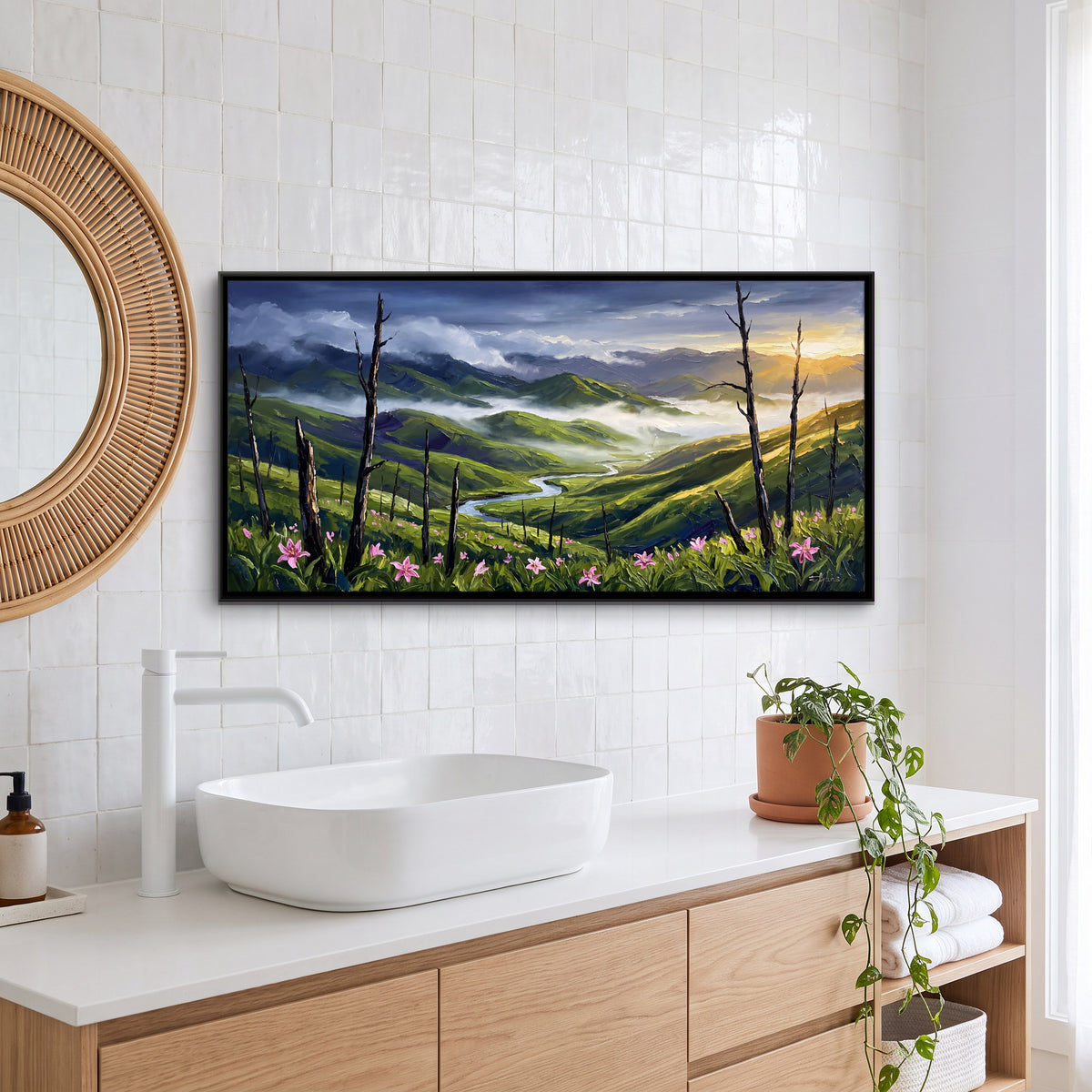 Pink Lilies Above a River Valley - canvas art shown in a styled room