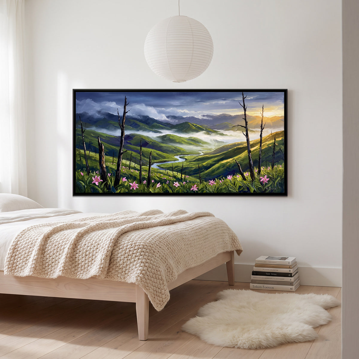 Pink Lilies Above a River Valley - canvas art shown in a second room setting