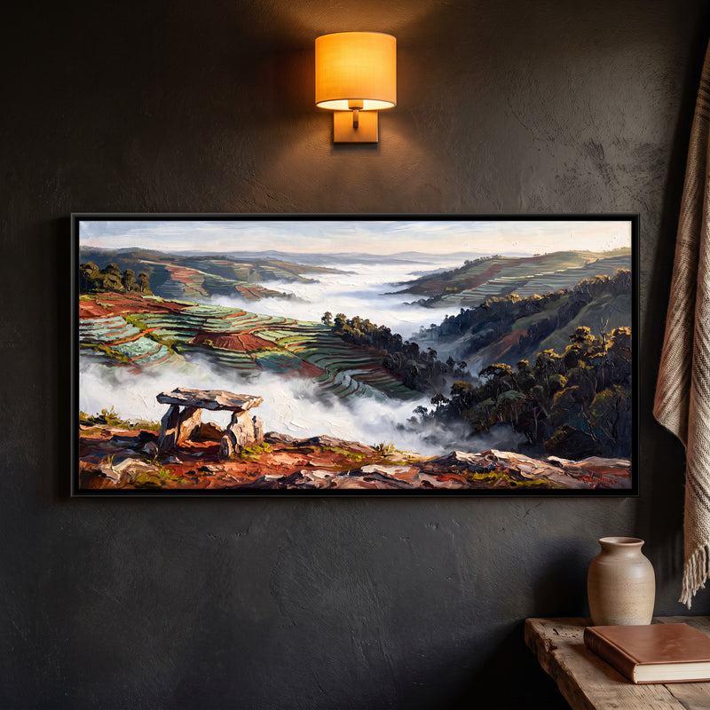Stone Dolmen Above a Misty Valley - framed canvas art hung on a wall