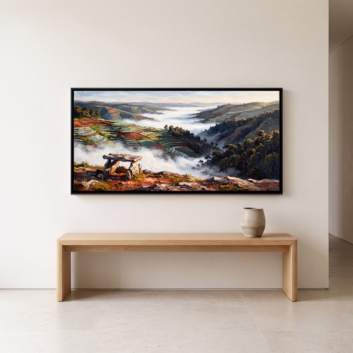 Stone Dolmen Above a Misty Valley - canvas art shown in a second room setting