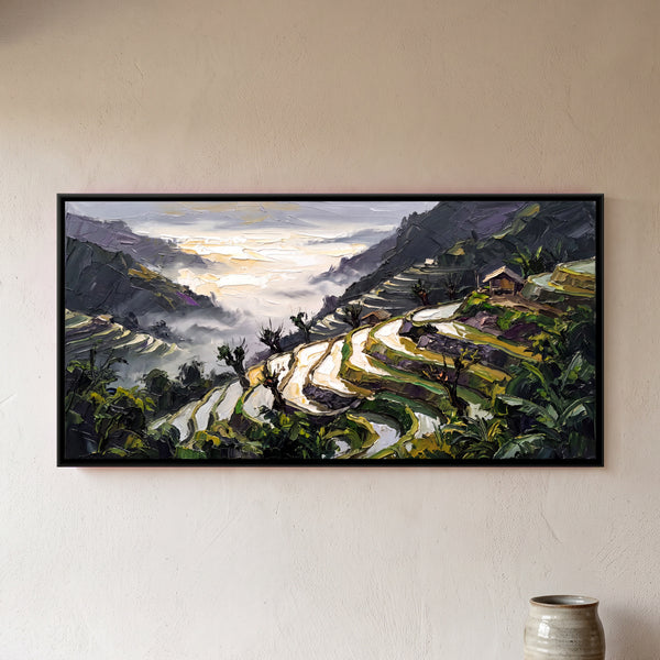 Rice Terraces Above a Misty Gorge
