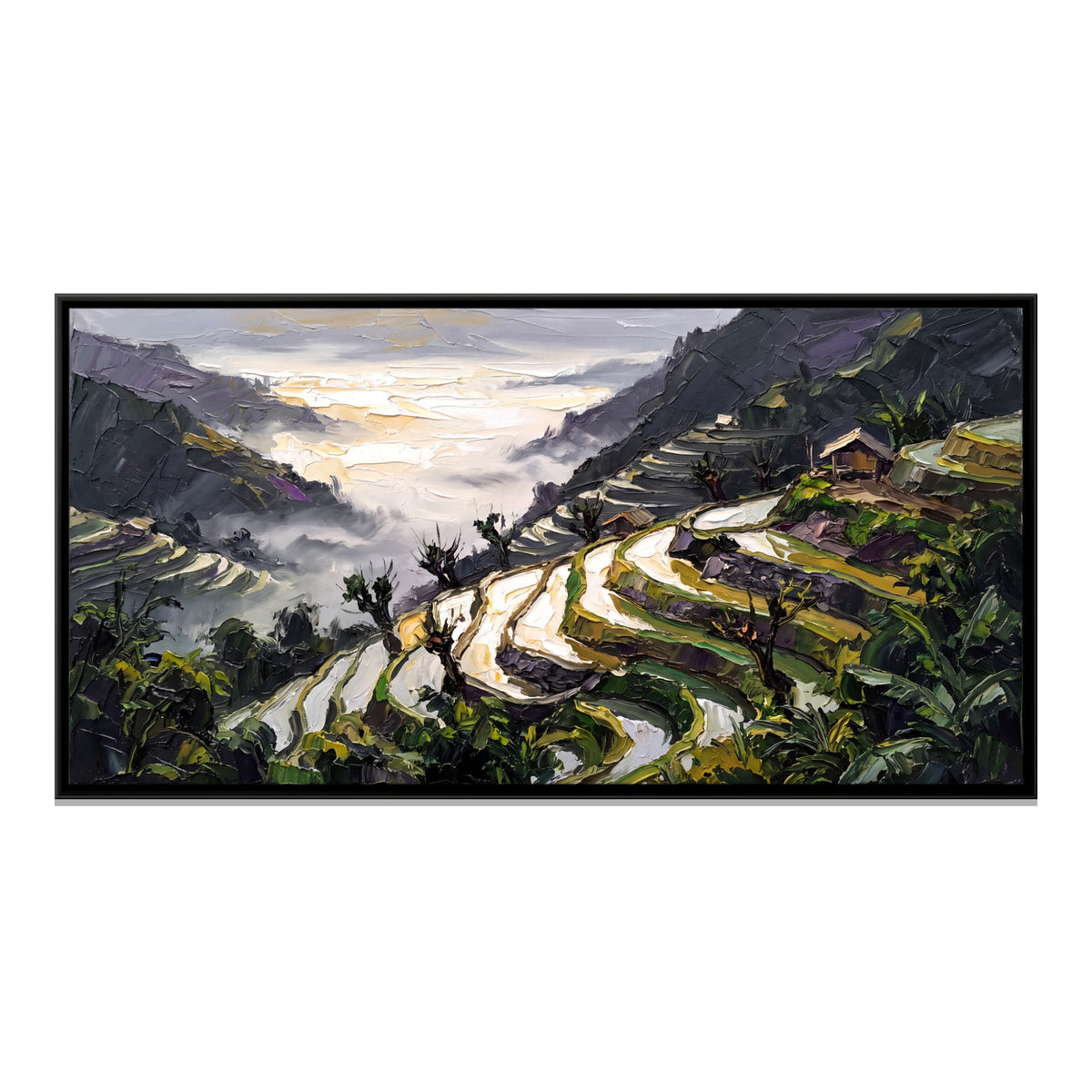 Rice Terraces Above a Misty Gorge - framed canvas print, front view