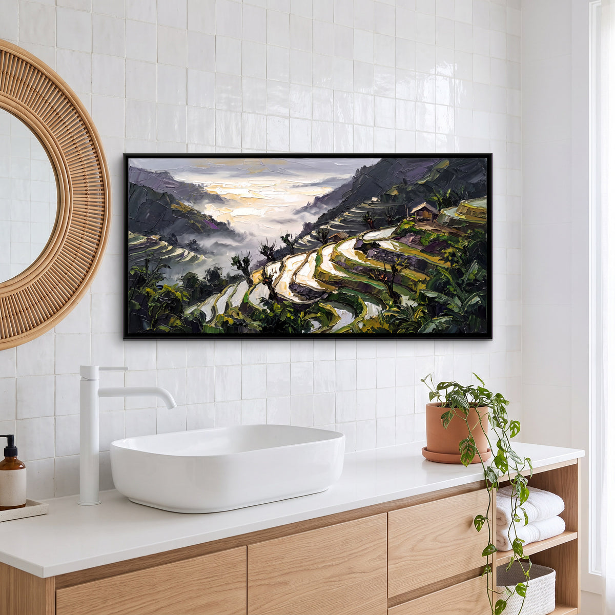 Rice Terraces Above a Misty Gorge - canvas art shown in a styled room