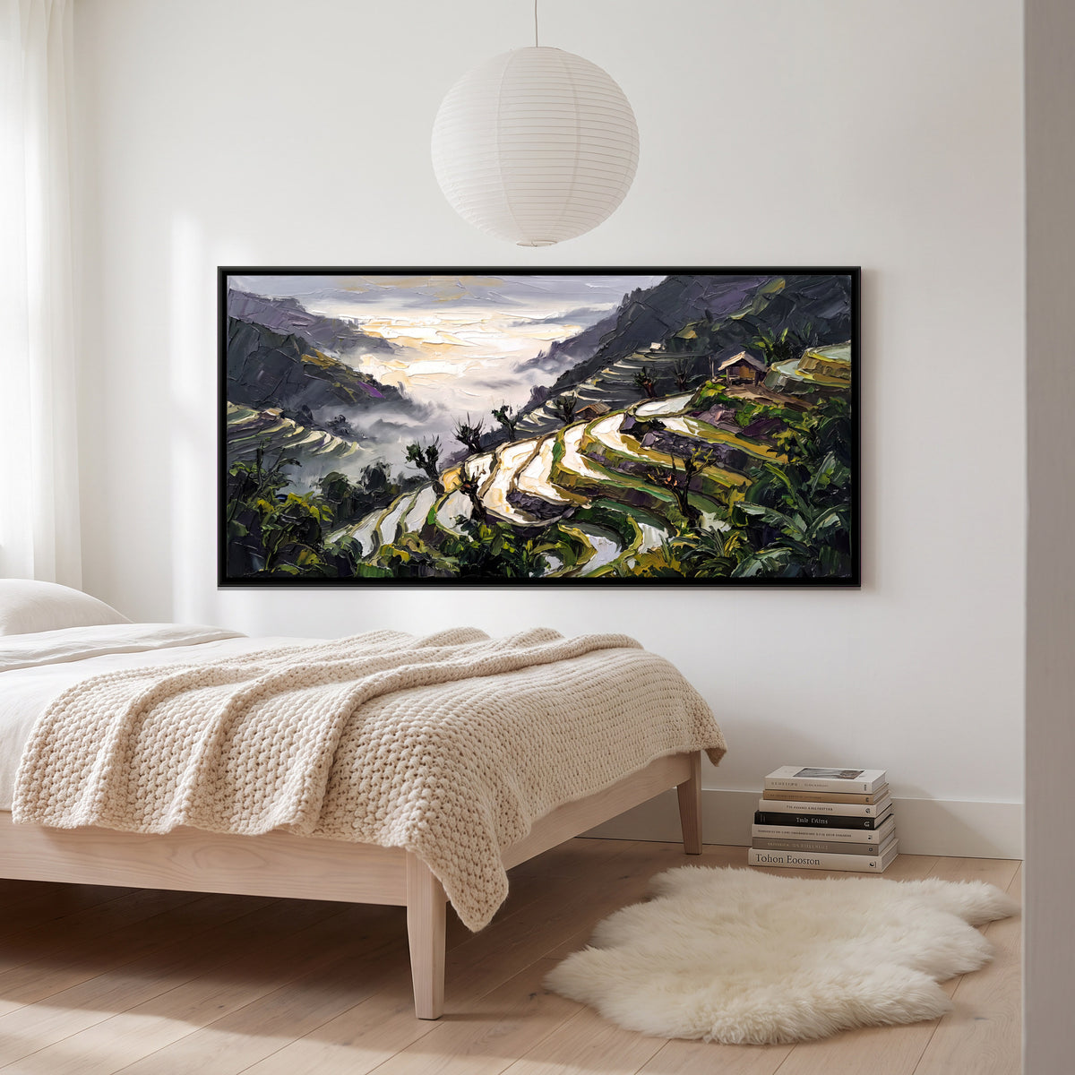 Rice Terraces Above a Misty Gorge - canvas art shown in a second room setting