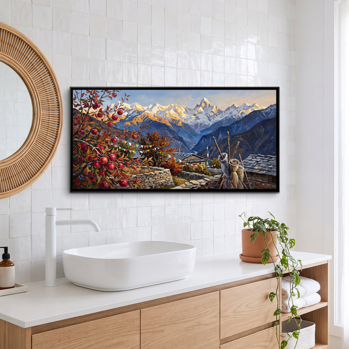 Apple Tree Above a Himalayan Village - canvas art shown in a styled room