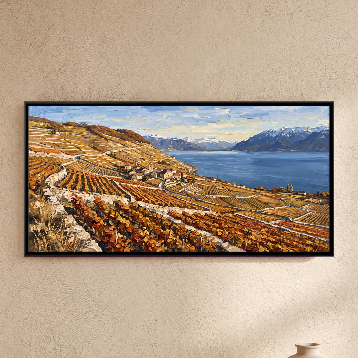 Autumn Vineyards Above the Lake - framed canvas art hung on a wall