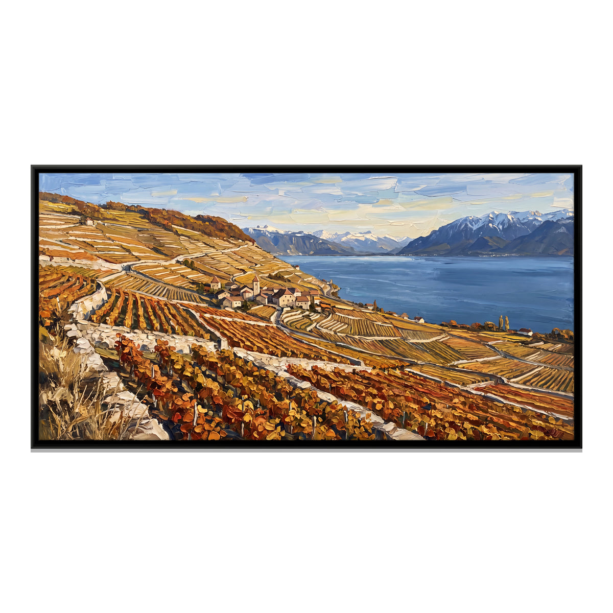 Autumn Vineyards Above the Lake - framed canvas print, front view