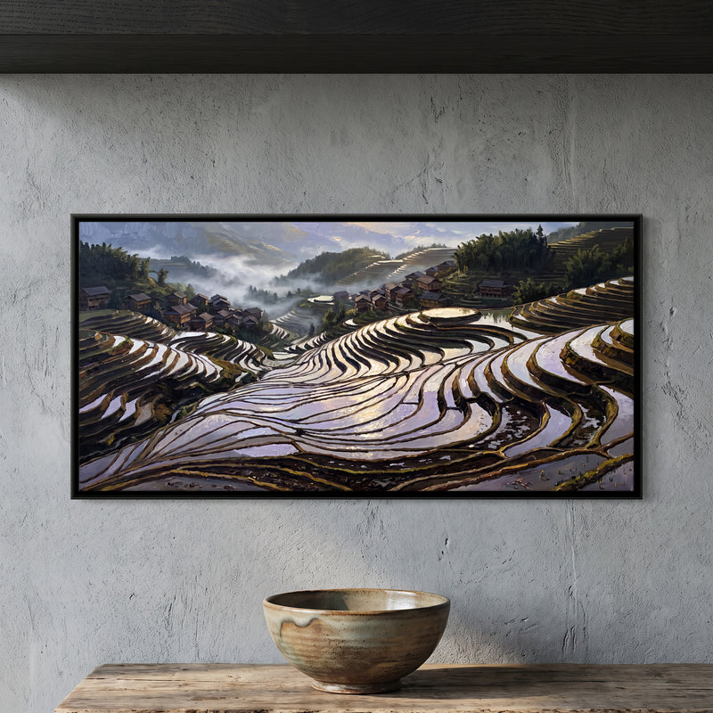 Flooded Rice Terraces Below a Village - framed canvas art hung on a wall