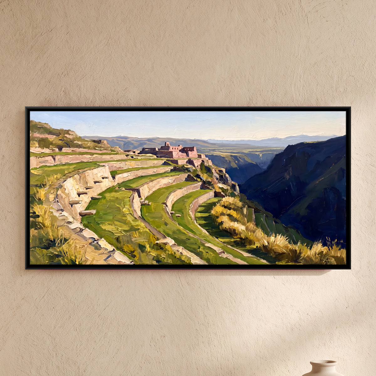 Stone Terraces Below Hilltop Ruins - framed canvas art hung on a wall