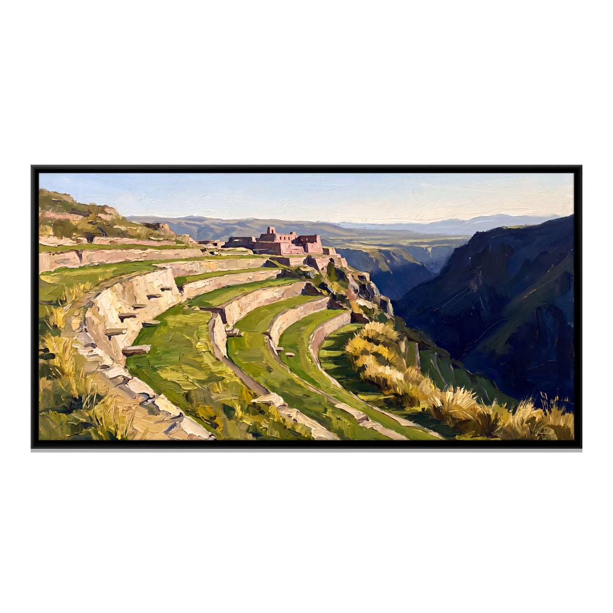 Stone Terraces Below Hilltop Ruins - framed canvas print, front view