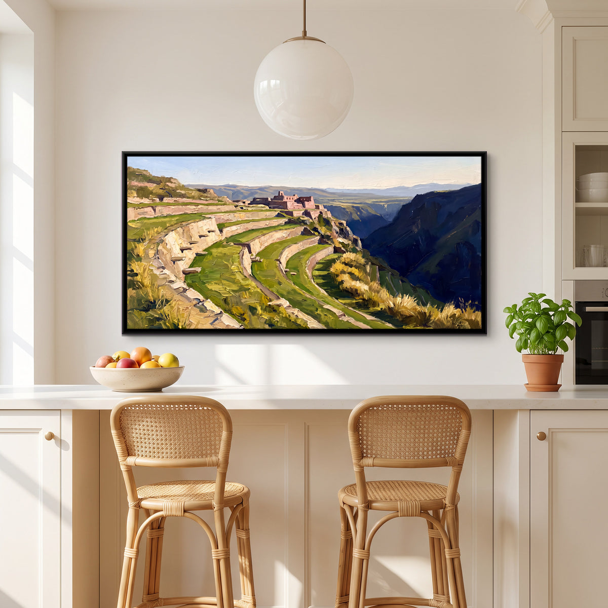 Stone Terraces Below Hilltop Ruins - canvas art shown in a styled room