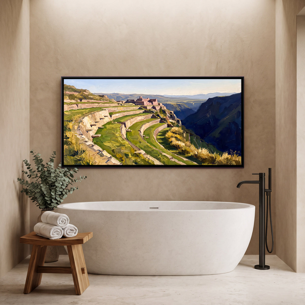 Stone Terraces Below Hilltop Ruins - canvas art shown in a second room setting
