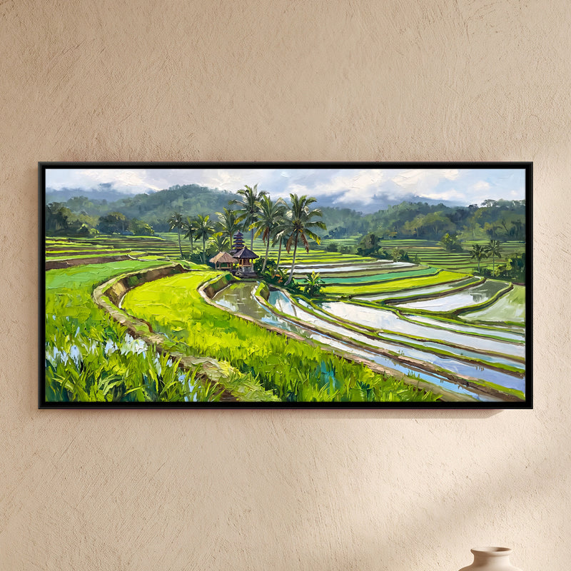 Green Rice Terraces with Palms - framed canvas art hung on a wall